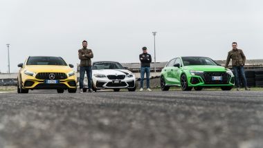 Audi RS 3, BMW M2 Competition e Mercedes AMG A 45 S (al centro Nicola Tesini)