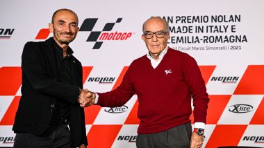 Claudio Domenicali e Carmelo Ezpeleta in conferenza stampa al GP del Made in Italy e dell'Emilia Romagna 2021