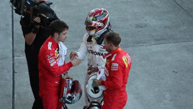 F1 2019: Charle Leclerc e Sebastian Vettel (Ferrari) con Lewis Hamilton (Mercedes)