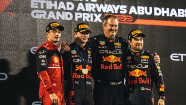 F1 2022, GP Abu Dhabi: il podio con Charles Leclerc, Max Verstappen e Sergio Perez