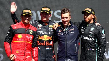 F1 2022, GP Canada: il podio con Carlos Sainz, Max Verstappen e Lewis Hamilton