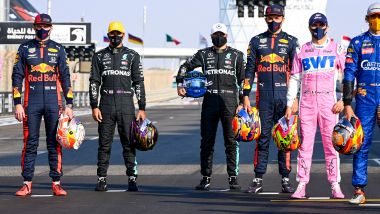 F1, GP Abu Dhabi 2020: foto di gruppo per Max Verstappen, Lewis Hamilton, Valtteri Bottas, Alex Albon, Sergio Perez e Carlos Sai