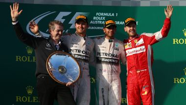 F1, GP Australia 2015: il podio con Nico Rosberg, Lewis Hamilton e Sebastian Vettel