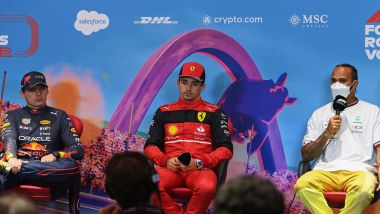 F1 GP Austria 2022, Spielberg: Charles Leclerc, Max Verstappen e Lewis Hamilton in conferenza stampa