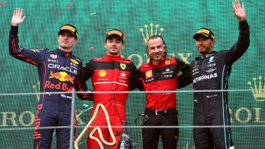 F1 GP Austria 2022, Spielberg: il podio con Charles Leclerc, Max Verstappen e Lewis Hamilton