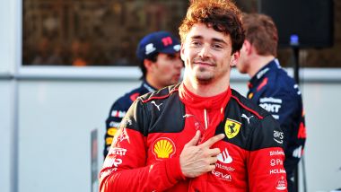 F1 GP Azerbaijan 2023, Baku: Charles Leclerc (Scuderia Ferrari) festeggia la pole position