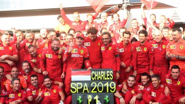 F1 GP Belgio 2019, Spa: Charles Leclerc festeggia la vittoria con gli uomini Ferrari