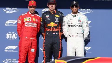 F1, GP Brasile 2019: Sebastian Vettel (Ferrari), Max Verstappen (Red Bull) e Lewis Hamilton (Mercedes) al termine delle qualific