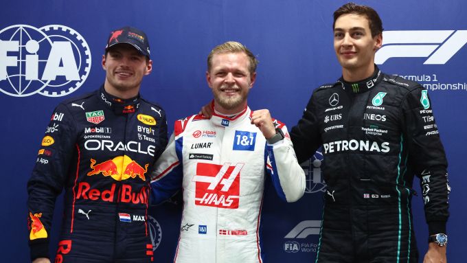 F1 GP Brasile 2022, Interlagos: Kevin Magnussen (Haas), Max Verstappen (Red Bull) e George Russell (Mercedes)