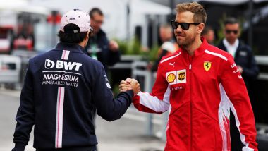F1 GP Canada 2018, Montreal: Sergio Perez (Racing Point) e Sebastian Vettel (Ferrari) nel paddock