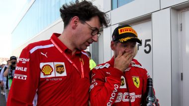 F1 GP Canada 2019, Montreal: Mattia Binotto e Sebastian Vettel (Ferrari) dopo l'arrivo polemico