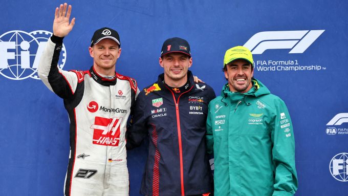 F1 GP Canada 2023, Montreal: Max Verstappen (Red Bull) con  Nico Hulkenberg (Haas) e Fernando Alonso (Aston Martin)
