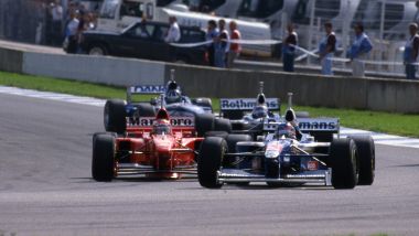 F1 GP Europa 1997, Jerez: Villeneuve (Williams) su Schumacher (Ferrari), Frentzen (Williams) e Hill (Arrows) 