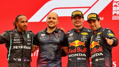 F1, GP Francia 2021: il podio della gara con Lewis Hamilton, Max Verstappen e Sergio Perez