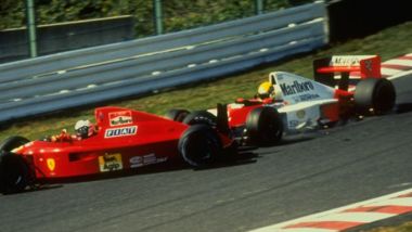 F1, GP Giappone 1990: il contatto tra Alain Prost (Ferrari) e Ayrton Senna (McLaren)