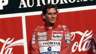F1 GP Italia 1990, Monza: Ayrton Senna (McLaren) sul podio con Alain Prost (Ferrari) e Gerhard Berger