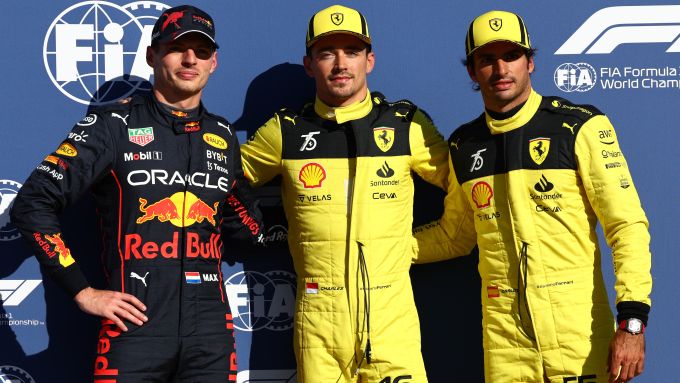 F1 GP Italia 2022, Monza: la top-3 delle qualifiche con (da sinistra) Max Verstappen, Charles Leclerc e Carlos Sainz