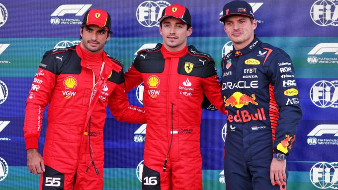 F1 GP Messico 2023, Città del Messico: Charles Leclerc, Carlos Sainz (Scuderia Ferrari) e Max Verstappen (Red Bull Racing)