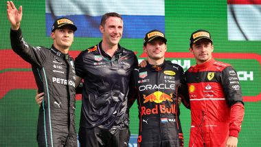 F1 GP Olanda 2022, Zandvoort: il podio con Max Verstappen (Red Bull), George Russell (Mercedes) e Charles Leclerc (Ferrari)