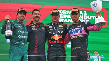 F1 GP Olanda 2023, Zandvoort: il podio con Max Verstappen (Red Bull) Fernando Alonso (Aston Martin) e Pierre Gasly (Alpine)