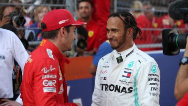 F1 GP Russia 2019, Sochi: Lewis Hamilton (Mercedes) parla con Charles Leclerc (Ferrari)