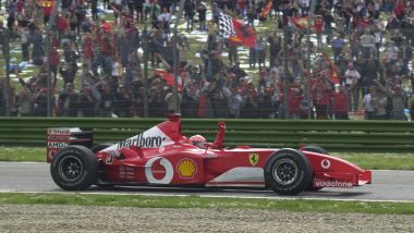 F1, GP San Marino 2002: Michael Schumacher (Ferrari) festeggia la vittoria
