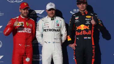 F1, GP Stati Uniti 2019: Sebastian Vettel (Ferrari), Valtteri Bottas (Mercedes) e Max Verstappen (Red Bull)