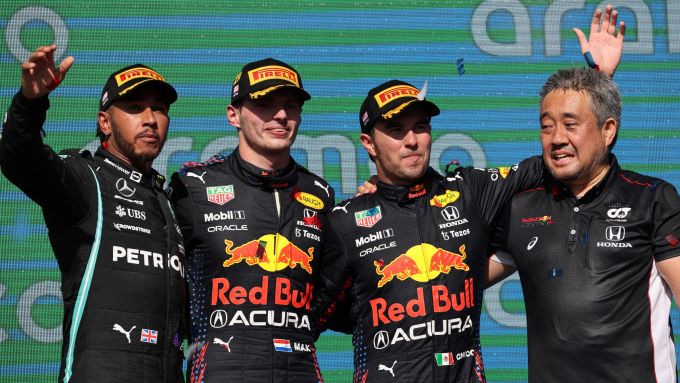 F1, GP Stati Uniti 2021: il podio con Lewis Hamilton, Max Verstappen e Sergio Perez