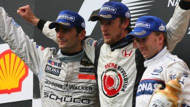 F1, GP Ungheria 2006: il podio con Pedro de la Rosa (McLaren), Jenson Button (Honda) e Nick Heidfeld (Sauber)