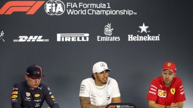 F1 GP Ungheria 2019, Max Verstappen (Red Bull), Lewis Hamilton (Mercedes) e Sebastian Vettel (Ferrari) in conferenza