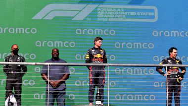 F1 GP Usa 2021, Austin: Lewis Hamilton (Mercedes) unico presente sul podio con la mascherina
