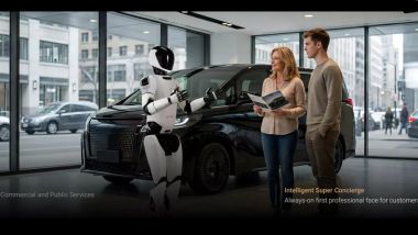 Faraday Future: il robot FF Futurist supporta i clienti in un concessionario di auto