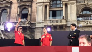 Festa 90 anni Ferrari, piazza Duomo, Milano: Charles Leclerc, Sebastian Vettel e Mattia Binotto