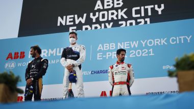Formula E ePrix New York 2021, Brooklyn: il podio con Gunther (Bmw), Vergne (Ds) e Di Grassi (Audi) 