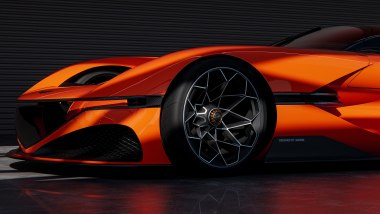 Genesis X Gran Berlinetta Concept: un dettaglio dell'avantreno affilato e aerodinamico dell'auto