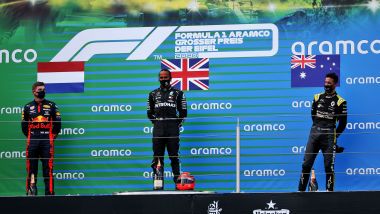 GP Eifel 2020, Nurburgring: il podio con Verstappen, Hamilton e Ricciardo