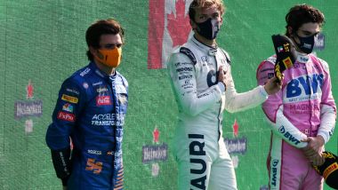 GP Italia 2020, Monza podio: Pierre Gasly (Alpha Tauri), Carlos Sainz (McLaren) e Lance Stroll (Racing Point)
