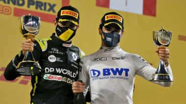 GP Sakhir 2020, Lance Stroll (Racing Point) ed Esteban Ocon (Renault) sul podio