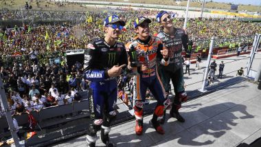 GP San Marino, il podio di Misano nel 2019: Marquez (Honda), Quartararo e Vinales (Yamaha)