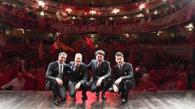Marc Gene, Sebastian Vettel, Mattia Binotto e Charles Leclerc al teatro Valli con i tifosi della Ferrari