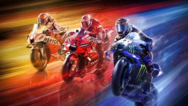 Marc Marquez (Honda), Pecco Bagnaia (Ducati) e Fabio Quartararo (Yamaha) sulla copertina del gioco MotoGP 2022