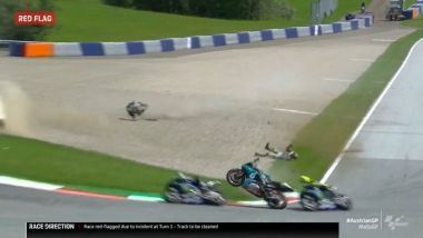 MotoGP Austria 2020, incidente Zarco-Morbidelli, Vinales e Rossi sfiorati dalle moto impazzite dei due.