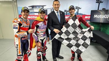 MotoGP Giappone 2023, Motegi: i tre sul podio, Marquez (Honda), Martin e Bagnaia (Ducati)