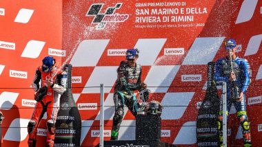 MotoGP, GP San Marino 2020: il podio con Franco Morbidelli, Pecco Bagnaia e Joan Mir