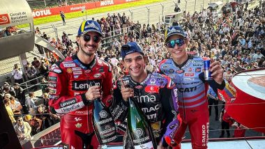 MotoGP Solidarietà 2024, Barcellona, il podio con Bagnaia, Martin e Marquez (Ducati)