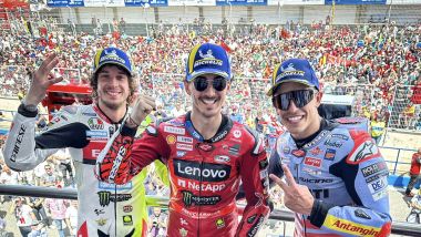 MotoGP Spagna 2024, Il podio di Jerez con Bagnaia, Marquez e Bezzecchi