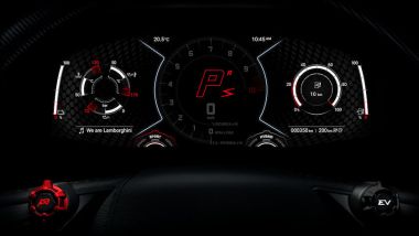 Nuova Lamborghini V12 PHEV: il cruscotto digitale mostra uno dei profili di guida