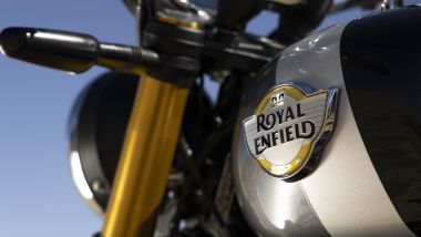 Nuova Royal Enfield Bear 650, sulla Golden Shadow il logo sul serbatoio è in rilievo, per un aspetto premium