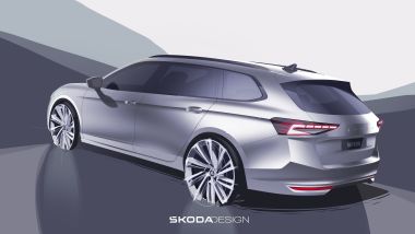 Nuova Skoda Superb Wagon 2024, disegno della 3/4 posteriore