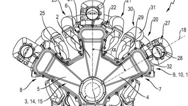 Porsche brevetto motore W12: un dettaglio sulla disposizione di bancate e condotti